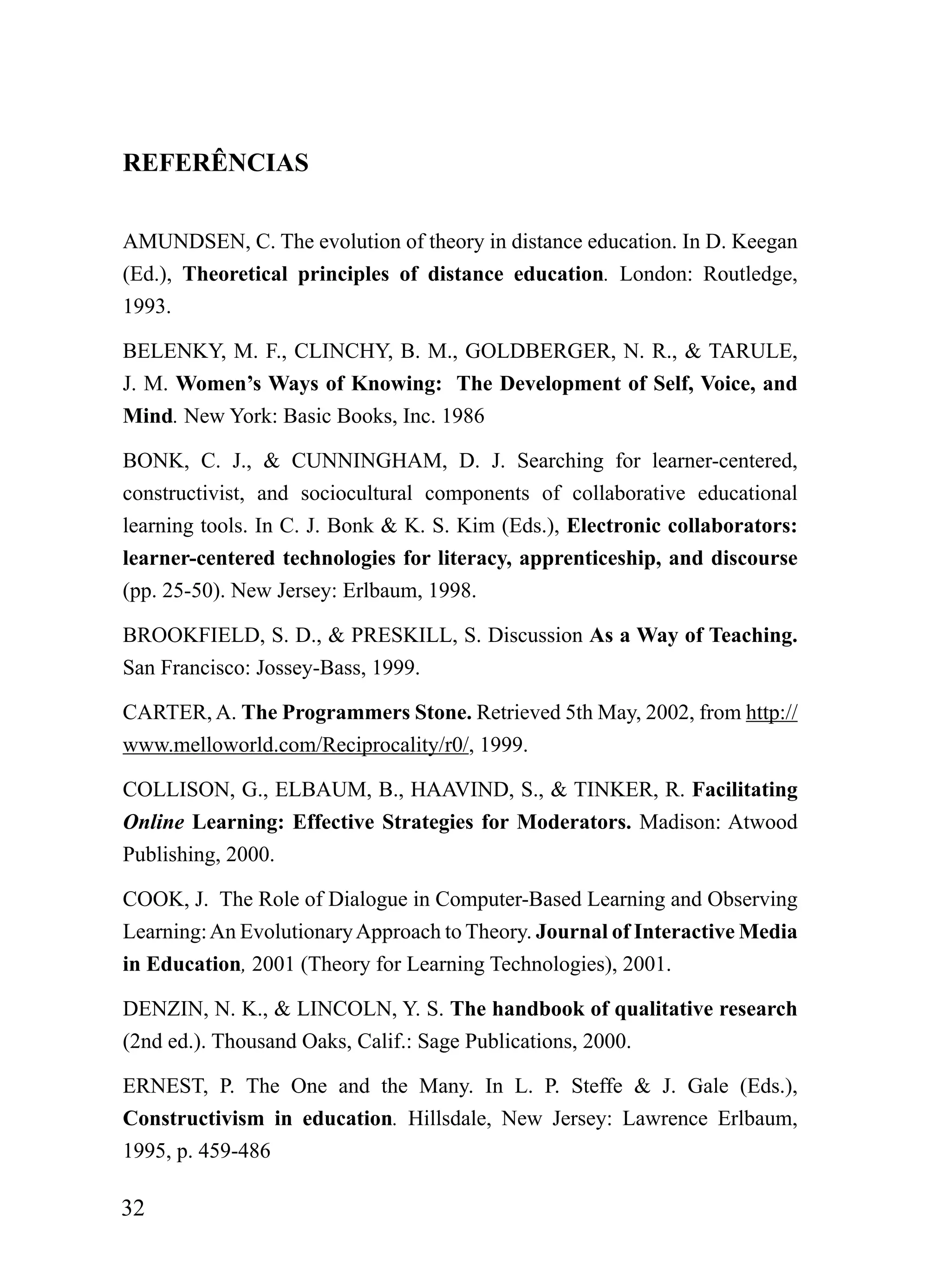 REFERÊNCIAS

AMUNDSEN, C. The evolution of theory in distance education. In D. Keegan
(Ed.), Theoretical principles of distance education. London: Routledge,
1993.

BELENKY, M. F., CLINCHY, B. M., GOLDBERGER, N. R., & TARULE,
J. M. Women’s Ways of Knowing: The Development of Self, Voice, and
Mind. New York: Basic Books, Inc. 1986

BONK, C. J., & CUNNINGHAM, D. J. Searching for learner-centered,
constructivist, and sociocultural components of collaborative educational
learning tools. In C. J. Bonk & K. S. Kim (Eds.), Electronic collaborators:
learner-centered technologies for literacy, apprenticeship, and discourse
(pp. 25-50). New Jersey: Erlbaum, 1998.

BROOKFIELD, S. D., & PRESKILL, S. Discussion As a Way of Teaching.
San Francisco: Jossey-Bass, 1999.

CARTER, A. The Programmers Stone. Retrieved 5th May, 2002, from http://
www.melloworld.com/Reciprocality/r0/, 1999.

COLLISON, G., ELBAUM, B., HAAVIND, S., & TINKER, R. Facilitating
Online Learning: Effective Strategies for Moderators. Madison: Atwood
Publishing, 2000.

COOK, J. The Role of Dialogue in Computer-Based Learning and Observing
Learning: An Evolutionary Approach to Theory. Journal of Interactive Media
in Education, 2001 (Theory for Learning Technologies), 2001.

DENZIN, N. K., & LINCOLN, Y. S. The handbook of qualitative research
(2nd ed.). Thousand Oaks, Calif.: Sage Publications, 2000.

ERNEST, P. The One and the Many. In L. P. Steffe & J. Gale (Eds.),
Constructivism in education. Hillsdale, New Jersey: Lawrence Erlbaum,
1995, p. 459-486

32
 