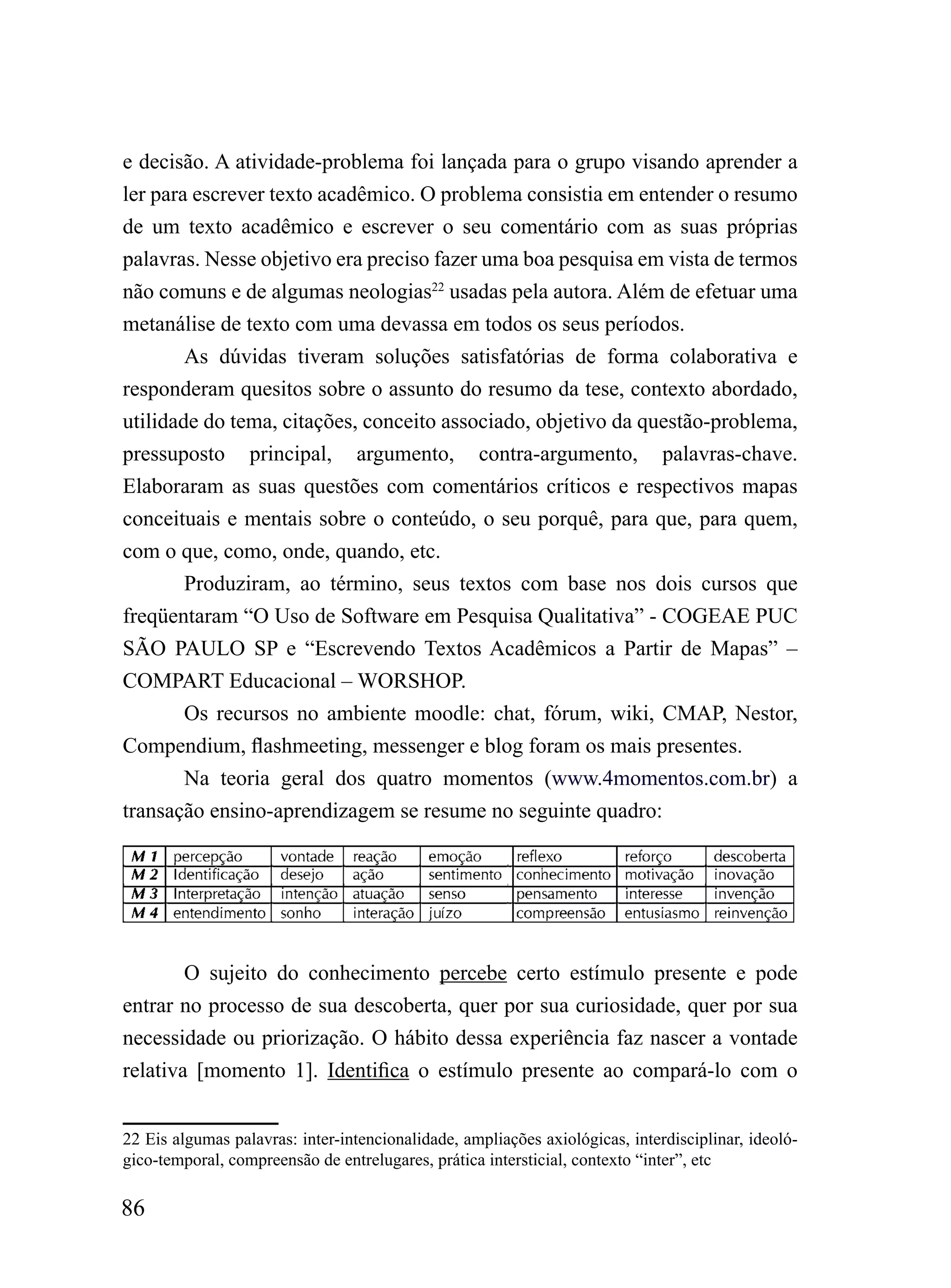 e decisão. A atividade-problema foi lançada para o grupo visando aprender a
ler para escrever texto acadêmico. O problema consistia em entender o resumo
de um texto acadêmico e escrever o seu comentário com as suas próprias
palavras. Nesse objetivo era preciso fazer uma boa pesquisa em vista de termos
não comuns e de algumas neologias22 usadas pela autora. Além de efetuar uma
metanálise de texto com uma devassa em todos os seus períodos.
        As dúvidas tiveram soluções satisfatórias de forma colaborativa e
responderam quesitos sobre o assunto do resumo da tese, contexto abordado,
utilidade do tema, citações, conceito associado, objetivo da questão-problema,
pressuposto principal, argumento, contra-argumento, palavras-chave.
Elaboraram as suas questões com comentários críticos e respectivos mapas
conceituais e mentais sobre o conteúdo, o seu porquê, para que, para quem,
com o que, como, onde, quando, etc.
        Produziram, ao término, seus textos com base nos dois cursos que
freqüentaram “O Uso de Software em Pesquisa Qualitativa” - COGEAE PUC
SÃO PAULO SP e “Escrevendo Textos Acadêmicos a Partir de Mapas” –
COMPART Educacional – WORSHOP.
        Os recursos no ambiente moodle: chat, fórum, wiki, CMAP, Nestor,
Compendium, flashmeeting, messenger e blog foram os mais presentes.
        Na teoria geral dos quatro momentos (www.4momentos.com.br) a
transação ensino-aprendizagem se resume no seguinte quadro:




        O sujeito do conhecimento percebe certo estímulo presente e pode
entrar no processo de sua descoberta, quer por sua curiosidade, quer por sua
necessidade ou priorização. O hábito dessa experiência faz nascer a vontade
relativa [momento 1]. Identifica o estímulo presente ao compará-lo com o


22 Eis algumas palavras: inter-intencionalidade, ampliações axiológicas, interdisciplinar, ideoló-
gico-temporal, compreensão de entrelugares, prática intersticial, contexto “inter”, etc

86
 