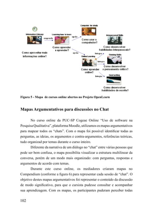 tilizados para integrar atividades pedagógicas, materiais educacionais
ou etapas de um módulo do Moodle.


Figura 5 - Mapa de cursos online abertos no Projeto OpenLearn


Mapas Argumentativos para discussões no Chat

       No curso online da PUC-SP Cogeae Online “Uso de software na
Pesquisa Qualitativa”, plataforma Moodle, utilizamos os mapas argumentativos
para mapear todos os “chats”. Com o mapa foi possível identificar todas as
perguntas, as ideias, os argumentos e contra-argumentos, referências teóricas,
tudo organizad por temas durante o curso inteiro.
       Diferente da narrativa de um diálogo no “chat” entre várias pessoas que
pode ser bem confusa, o mapa possibilita visualizar a estrutura multilinear da
conversa, porém de um modo mais organizado: com perguntas, respostas e
argumentos de acordo com temas.
       Durante este curso online, os mediadores criaram mapas no
Compendium (conforme a figura 6) para representar cada sessão de “chat”. O
objetivo destes mapas argumentativos foi representar o conteúdo da discussão
de modo significativo, para que o cursista pudesse consultar e acompanhar
sua aprendizagem. Com os mapas, os participantes puderam perceber todas

102
 