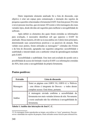 Outro importante elemento analisado foi a lista de discussão, cujo
objetivo é criar um espaço para comunicação e interação dos sujeitos da
pesquisa a questões relacionadas à ferramenta EASY. Esta lista possui 29 (vinte
e nove) pessoas inscritas, que enviaram 103 (cento e três) mensagens dos mais
variados tipos, desde dúvidas até sugestões para melhorar a navegabilidade do
software.
       Após definir os elementos dos quais foram extraídas as informações
para avaliação, é necessário identificar sob que aspectos o EASY foi
analisado. Dessa maneira, dividir-se-á essa análise em 2 (dois) itens principais,
determinando suas características positivas e as passíveis de atenção. Para
validar esses pontos, foram utilizadas as mensagens111 coletadas dos Fóruns
e da lista de discussão, agrupadas nas seguintes categorias: acessibilidade e
usabilidade e interatividade com o ambiente virtual de aprendizagem mediado
pelo EASY.
       Acessibilidade e usabilidade. Este item será avaliado de acordo com a
possibilidade de acesso do limitado visual ao EASY e as informações extraídas
do AVA, bem como a navegabilidade da própria ferramenta.


Pontos positivos:

      Extraído                                   Lista de discussão
                        Testei as páginas com JAWS 5.0, JAWS 6.1 e Webvox
 Mensagem               - este último é integrante do Dosvox - e todos deram
                        completo acesso. Está ótimo, portanto.
                        A mensagem enviada confirma a acessibilidade da
                        ferramenta nos mais variados leitores de tela. Novamente
 Análise
                        o texto analisado não faz referência à navegabilidade da
                        ferramenta.
Tabela 1: Análise das interações de José C. C.

111 As mensagens foram reproduzidas na íntegra, sem retificar os “erros” gramaticais. Para pre-
servar a identidade dos sujeitos da pesquisa, foram utilizados nomes fictícios para referenciá-los.

340
 