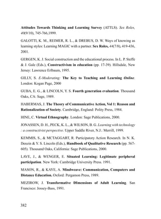 Attitudes Towards Thinking and Learning Survey (ATTLS). Sex Roles,
40(9/10), 745-766,1999.

GALOTTI, K. M., REIMER, R. L., & DREBUS, D. W. Ways of knowing as
learning styles: Learning MAGIC with a partner. Sex Roles, 44(7/8), 419-436,
2001.

GERGEN, K. J. Social construction and the educational process. In L. P. Steffe
& J. Gale (Eds.), Constructivism in education (pp. 17-39). Hillsdale, New
Jersey: Lawrence Erlbaum, 1995.

GILLY, S. E-Moderating: The Key to Teaching and Learning Online.
London: Kogan Page, 2000

GUBA, E. G., & LINCOLN, Y. S. Fourth generation evaluation. Thousand
Oaks, CA: Sage, 1989.

HABERMAS, J. The Theory of Communicative Action, Vol 1: Reason and
Rationalization of Society. Cambridge, England: Polity Press, 1984.

HINE, C. Virtual Ethnography. London: Sage Publications, 2000.

JONASSEN, D. H., PECK, K. L., & WILSON, B. G. Learning with technology
: a constructivist perspective. Upper Saddle River, N.J.: Merrill, 1999.

KEMMIS, S., & MCTAGGART, R. Participatory Action Research. In N. K.
Denzin & Y. S. Lincoln (Eds.), Handbook of Qualitative Research (pp. 567-
605). Thousand Oaks, California: Sage Publications, 2000.

LAVE, J., & WENGER, E. Situated Learning: Legitimate peripheral
participation. New York: Cambridge University Press. 1991.

MASON, R., & KAYE, A. Mindweave: Communication, Computers and
Distance Education. Oxford: Pergamon Press, 1989.

MEZIROW, J. Transformative DImensions of Adult Learning. San
Francisco: Jossey-Bass, 1991.



382
 