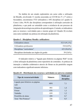 No âmbito de um estudo exploratório em curso sobre a utilização
da Moodle, envolvendo 11 escolas associadas ao CCUM do 2º e 3º ciclos e
Secundário, encontramos 5723 utilizadores e 692 disciplinas (cf. quadro I).
Como é dito, 94.4% das disciplinas correspondem à utilização curricular da
plataforma, o que pode ser entendido como a existência de um processo de
integração da tecnologia nas práticas de aprendizagem. Contudo, os indicadores
para os recursos e actividades para o mesmo grupo (cf. Quadro II) revelam
uma outra realidade nas práticas de utilização da plataforma.


Quadro I – Disciplinas Moodle e utilizadores
 Utilizadores alunos                                          5213 (91,1%)
 Utilizadores professores                                        510 (8,9%)
 Disciplinas “curriculares”                                     653 (94,4%)
 Disciplinas destinadas aos órgãos de gestão                      39 (5,6%)


        O indicador relativo a “ligação para ficheiros ou páginas Web” revela
a forte utilização da plataforma como repositório de conteúdos. As práticas de
interação e trabalho colaborativo através do fórum ou do portefolio surgem
com indicadores significativamente inferiores.


Quadro II – Distribuição dos recursos e actividades no universo estudado
                                                               Média por
     Tipo de recurso/actividade                Número
                                                               disciplina
 Ligação para ficheiros ou páginas
                                                4891               7,1
 web
 Etiqueta                                       993                1,4
 Fórum                                          876                1,3
 Trabalho                                       839                1,2
 Portefólio do aluno                            458                0,7
 Teste “Hot Potatoes”                           326                0,5


                                                                            47
 