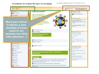Menú para activar
 la edición y para
visualizar el curso
    como lo ven
usuarios con otros
roles (alumnos…)
 