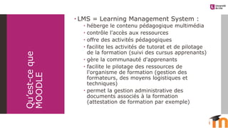 Qu’est-ceque
MOODLE
 LMS = Learning Management System :
 héberge le contenu pédagogique multimédia
 contrôle l'accès aux ressources
 offre des activités pédagogiques
 facilite les activités de tutorat et de pilotage
de la formation (suivi des cursus apprenants)
 gère la communauté d'apprenants
 facilite le pilotage des ressources de
l'organisme de formation (gestion des
formateurs, des moyens logistiques et
techniques)
 permet la gestion administrative des
documents associés à la formation
(attestation de formation par exemple)
 