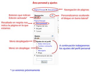 Área personal y ajustes

                                                           Navegación de páginas

       Botones que indican                              Personalizamos ocultando
       Edición activada*                                el bloque en barra lateral*
Resaltado en negrita nos
indica la página en la que
estamos




       Menú desplegado
                                                       A continuación trabajaremos
       Menú sin desplegar                              los ajustes del perfil personal




        * Lo veremos próximamente
 