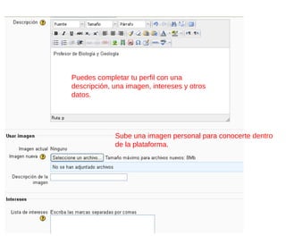 Puedes completar tu perfil con una
descripción, una imagen, intereses y otros
datos.




             Sube una imagen personal para conocerte dentro
             de la plataforma.
 