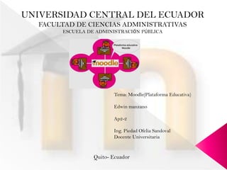 UNIVERSIDAD CENTRAL DEL ECUADOR FACULTAD DE CIENCIAS ADMINISTRATIVAS ESCUELA DE ADMINISTRACIÓN PÚBLICA Tema: Moodle(Plataforma Educativa) Edwin manzano Ap2-2 Ing. Piedad Ofelia Sandoval                                                                                                                                                                                                                                          Docente Universitaria Quito- Ecuador 