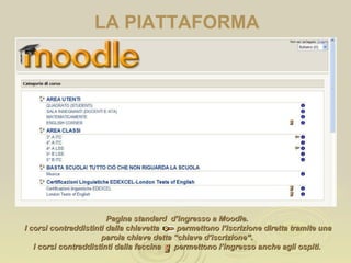 Pagina standard  d’ingresso a Moodle.  I corsi contraddistinti dalla chiavetta  permettono l’iscrizione diretta tramite una parola chiave detta “chiave d’iscrizione”. I corsi contraddistinti dalla faccina  permettono l’ingresso anche agli ospiti. LA PIATTAFORMA 