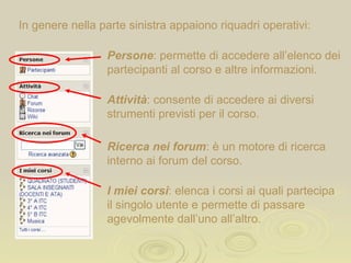 Persone : permette di accedere all’elenco dei partecipanti al corso e altre informazioni. In genere nella parte sinistra appaiono riquadri operativi: Attività : consente di accedere ai diversi strumenti previsti per il corso. Ricerca nei forum : è un motore di ricerca interno ai forum del corso. I miei corsi : elenca i corsi ai quali partecipa il singolo utente e permette di passare agevolmente dall’uno all’altro. 