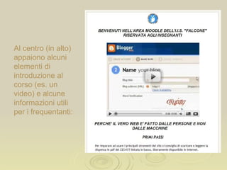 Al centro (in alto) appaiono alcuni elementi di introduzione al corso (es. un video) e alcune informazioni utili per i frequentanti: 