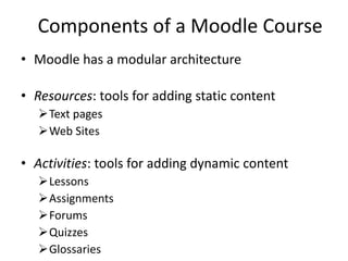 Components of a Moodle Course Moodle has a modular architecture Resources : tools for adding static content Text pages Web Sites Activities : tools for adding dynamic content Lessons Assignments Forums Quizzes Glossaries 