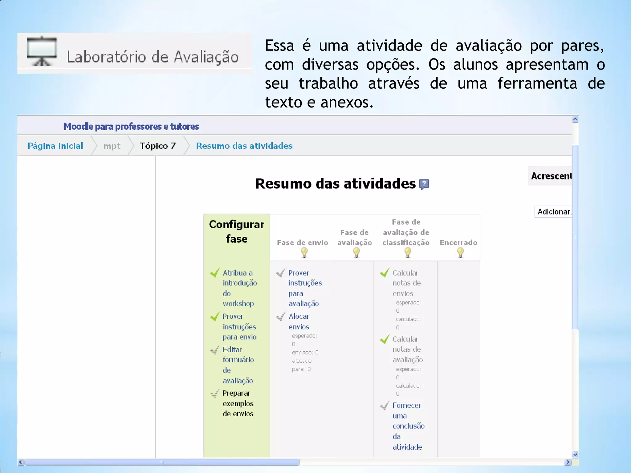 Essa é uma atividade de avaliação por pares,
com diversas opções. Os alunos apresentam o
seu trabalho através de uma ferramenta de
texto e anexos.
 