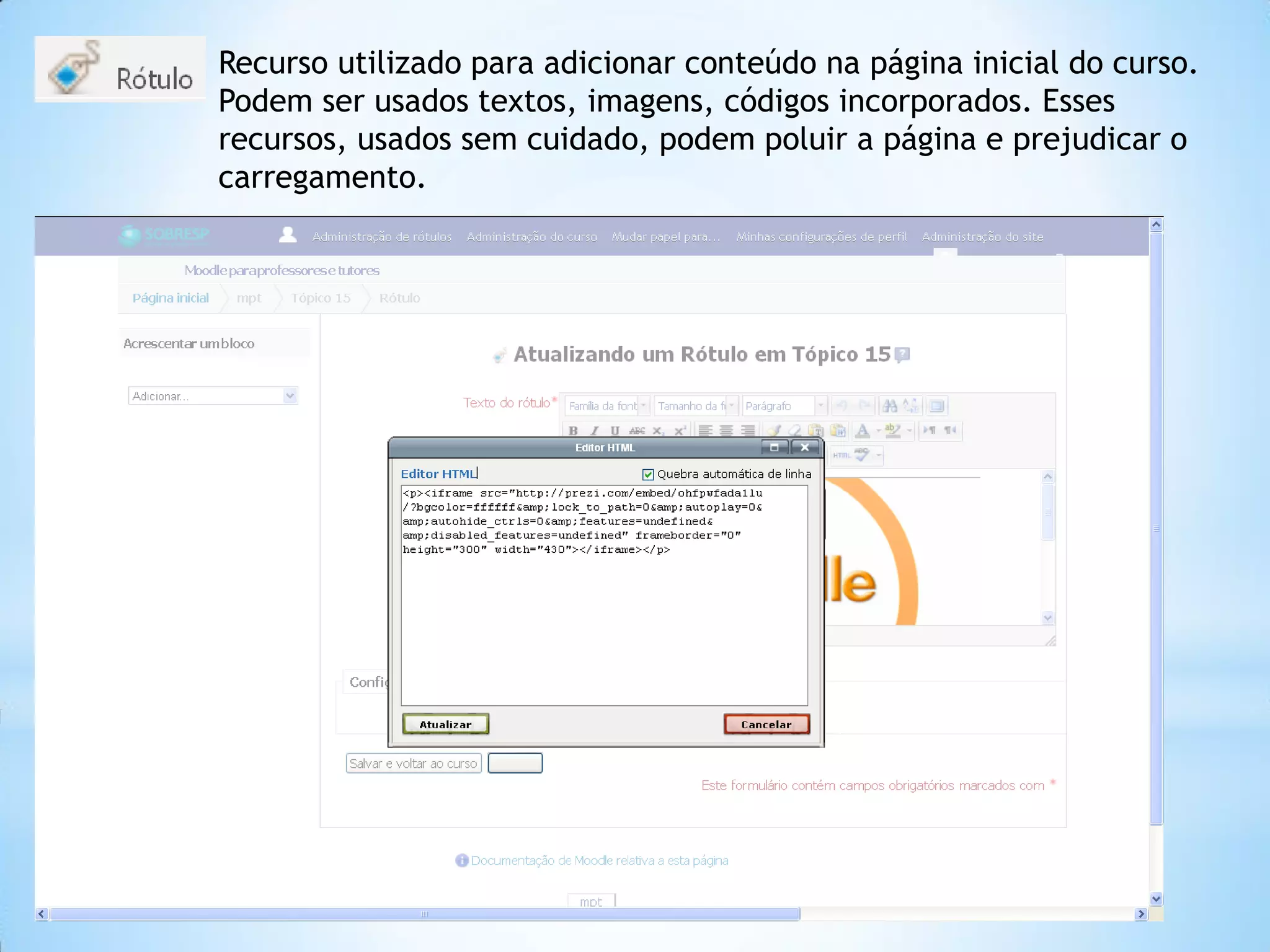 Recurso utilizado para adicionar conteúdo na página inicial do curso.
Podem ser usados textos, imagens, códigos incorporados. Esses
recursos, usados sem cuidado, podem poluir a página e prejudicar o
carregamento.
 