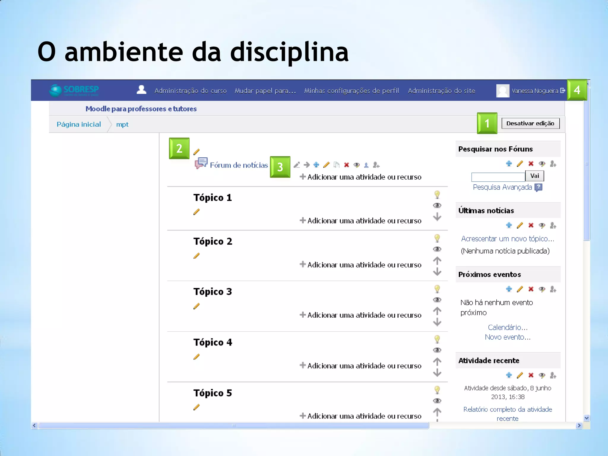 O ambiente da disciplina
1
2
3
4
 