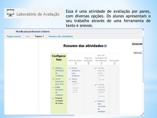 Essa é uma atividade de avaliação por pares,
com diversas opções. Os alunos apresentam o
seu trabalho através de uma ferramenta de
texto e anexos.
 