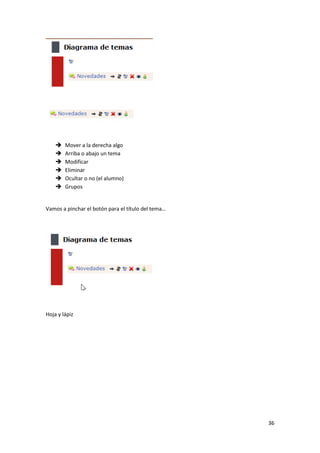    Mover a la derecha algo
       Arriba o abajo un tema
       Modificar
       Eliminar
       Ocultar o no (el alumno)
       Grupos


Vamos a pinchar el botón para el título del tema…




Hoja y lápiz




                                                    36
 