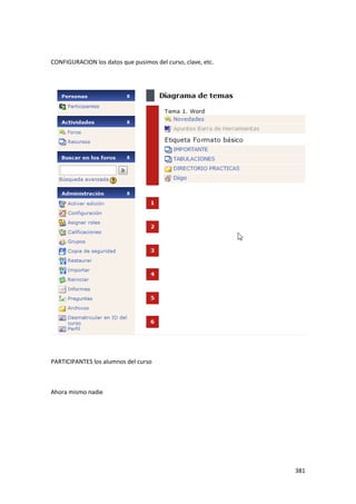CONFIGURACION los datos que pusimos del curso, clave, etc.




PARTICIPANTES los alumnos del curso



Ahora mismo nadie




                                                             381
 