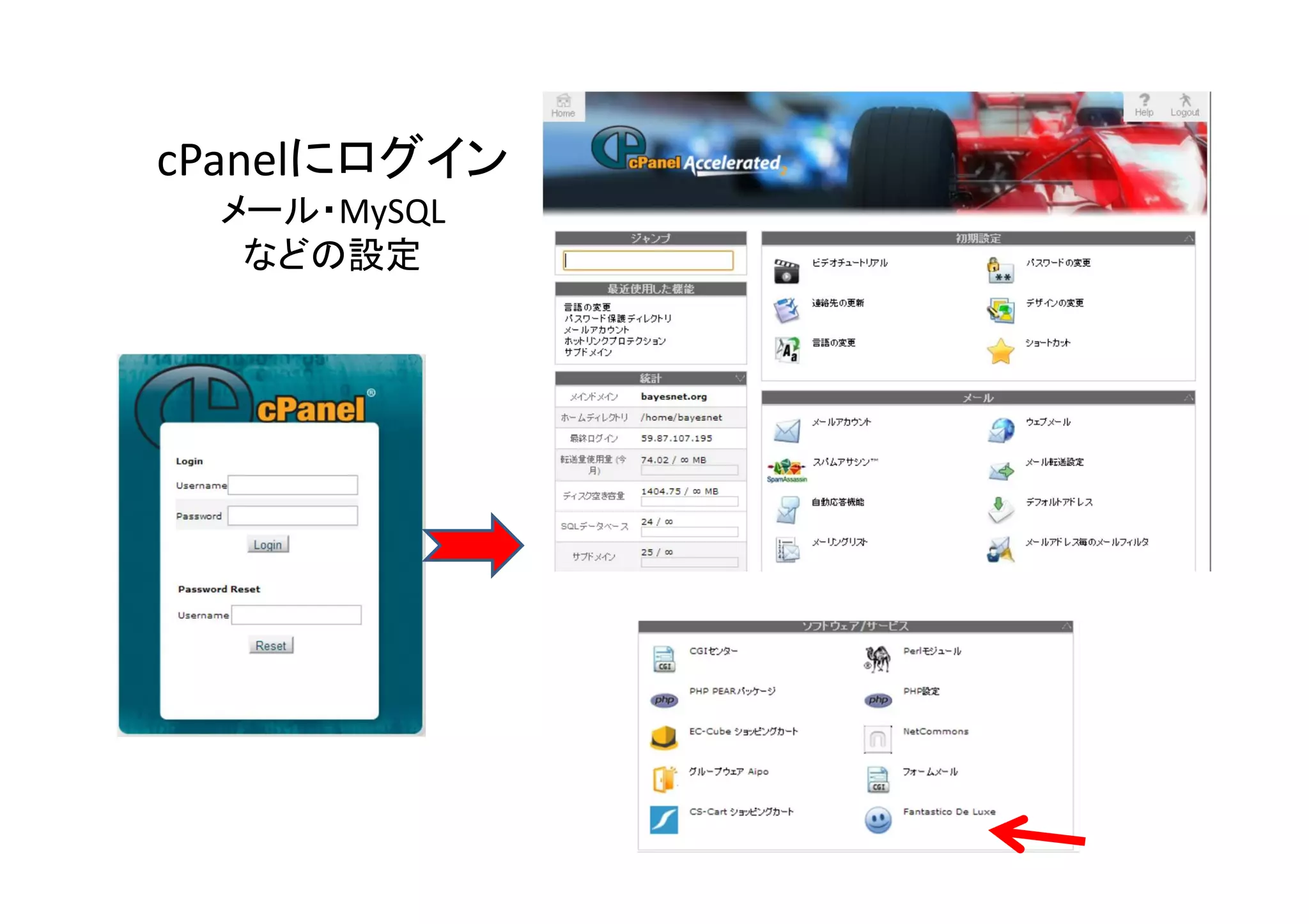 cPanelにログイン
 メール・MySQL
  などの設定
 