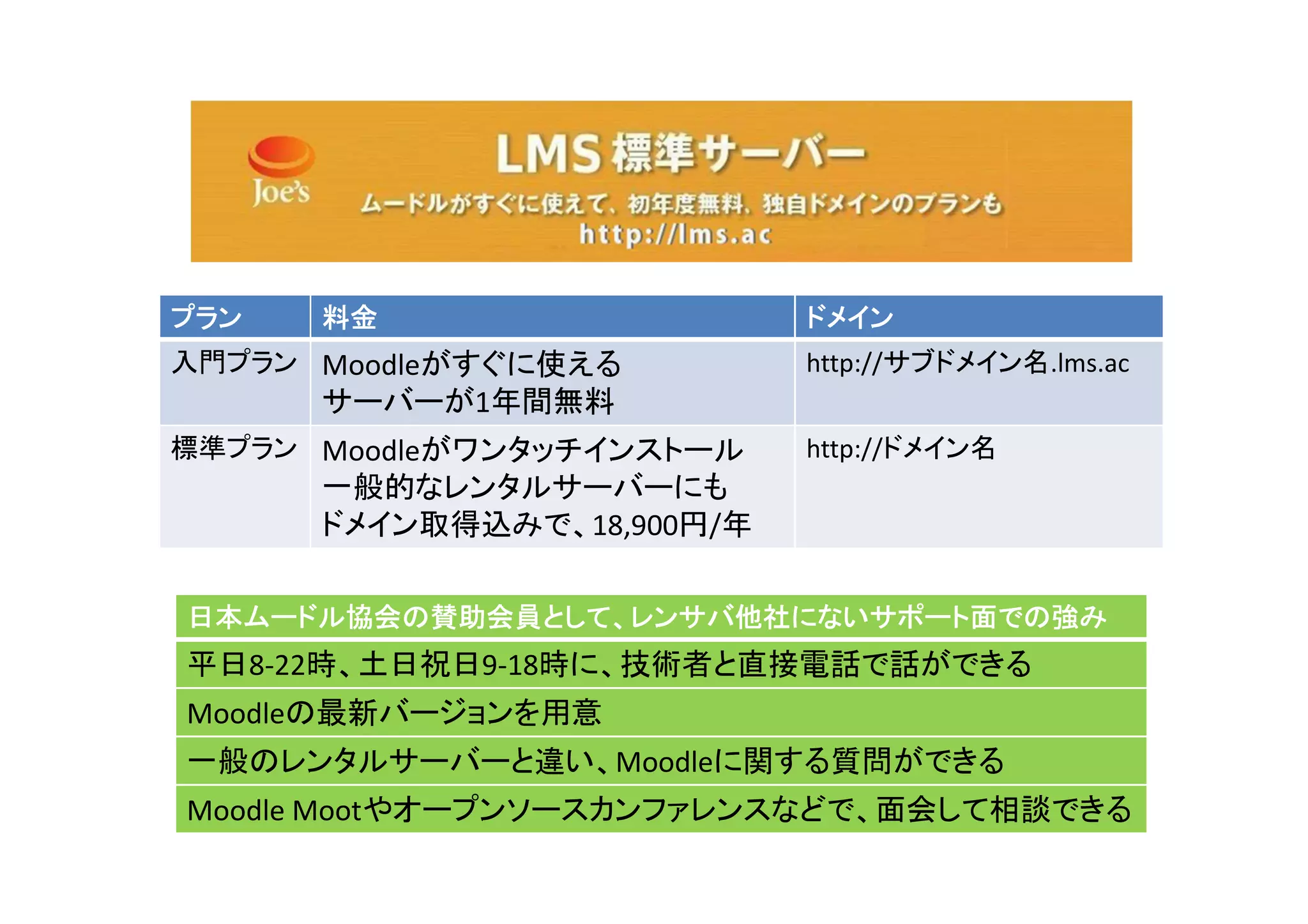 プラン   料金                    ドメイン
入門プラン Moodleがすぐに使える         http://サブドメイン名.lms.ac
      サーバーが1年間無料
標準プラン Moodleがワンタッチインストール    http://ドメイン名
      一般的なレンタルサーバーにも
      ドメイン取得込みで、18,900円/年

日本ムードル協会の賛助会員として、レンサバ他社にないサポート面での強み
平日8-22時、土日祝日9-18時に、技術者と直接電話で話ができる
Moodleの最新バージョンを用意
一般のレンタルサーバーと違い、Moodleに関する質問ができる
Moodle Mootやオープンソースカンファレンスなどで、面会して相談できる
 