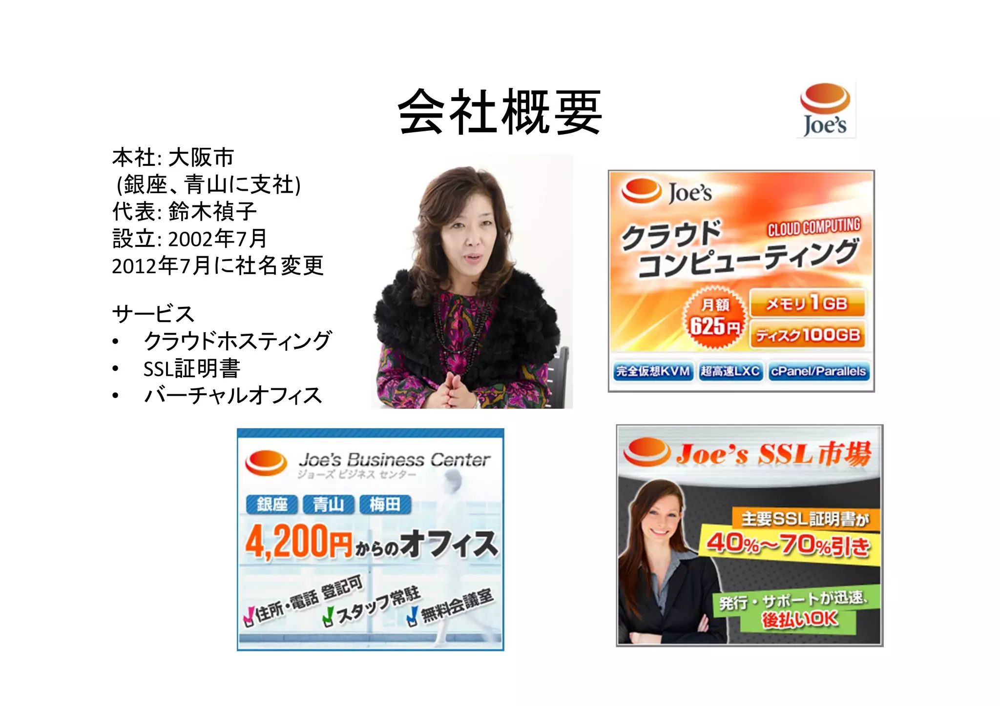 会社概要
本社: 大阪市
(銀座、青山に支社)
代表: 鈴木禎子
設立: 2002年7月
2012年7月に社名変更

サービス
• クラウドホスティング
• SSL証明書
• バーチャルオフィス
 
