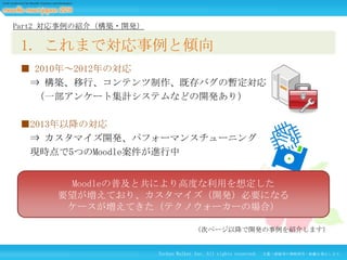 Part2 対応事例の紹介（構築・開発）

1. これまで対応事例と傾向
■ 2010年～2012年の対応
⇒ 構築、移行、コンテンツ制作、既存バグの暫定対応
（一部アンケート集計システムなどの開発あり）
■2013年以降の対応
⇒ カスタマイズ開発、パフォーマンスチューニング
現時点で5つのMoodle案件が進行中
Moodleの普及と共により高度な利用を想定した
要望が増えており、カスタマイズ（開発）必要になる
ケースが増えてきた（テクノウォーカーの場合）
（次ページ以降で開発の事例を紹介します）

Techno Walker Inc. All rights reserved.

文書・画像等の無断使用・転載を禁止します。

 