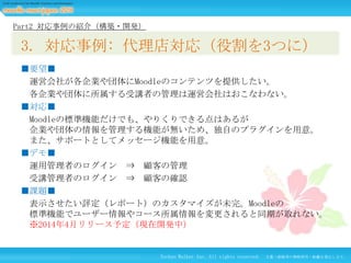 Part2 対応事例の紹介（構築・開発）

3. 対応事例: 代理店対応（役割を3つに）
■要望■
運営会社が各企業や団体にMoodleのコンテンツを提供したい。
各企業や団体に所属する受講者の管理は運営会社はおこなわない。
■対応■
Moodleの標準機能だけでも、やりくりできる点はあるが
企業や団体の情報を管理する機能が無いため、独自のプラグインを用意。
また、サポートとしてメッセージ機能を用意。
■デモ■
運用管理者のログイン ⇒ 顧客の管理
受講管理者のログイン ⇒ 顧客の確認
■課題■
表示させたい評定（レポート）のカスタマイズが未完。Moodleの
標準機能でユーザー情報やコース所属情報を変更されると同期が取れない。
※2014年4月リリース予定（現在開発中）

Techno Walker Inc. All rights reserved.

文書・画像等の無断使用・転載を禁止します。

 