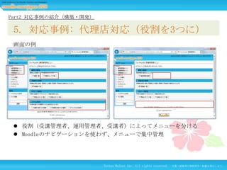 Part2 対応事例の紹介（構築・開発）

5. 対応事例: 代理店対応（役割を3つに）
画面の例

 役割（受講管理者、運用管理者、受講者）によってメニューを分ける
 Moodleのナビゲーションを使わず、メニューで集中管理

Techno Walker Inc. All rights reserved.

文書・画像等の無断使用・転載を禁止します。

 