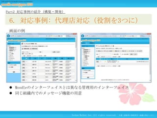 Part2 対応事例の紹介（構築・開発）

6. 対応事例: 代理店対応（役割を3つに）
画面の例

 Moodleのインターフェイスとは異なる管理用のインターフェイス
 同じ組織内でのメッセージ機能の用意

Techno Walker Inc. All rights reserved.

文書・画像等の無断使用・転載を禁止します。

 