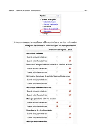 Moodle 2.0. Manual del profesor. Antonio Saorín 292
Veremos entonces en la pantalla una tabla para configurar nuestras preferencias.
 