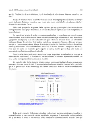 Moodle 2.0. Manual del profesor. Antonio Saorín 322
sección Finalización de actividades se vio el significado de tales iconos. Veamos cómo leer esa
tabla.
Grupo de criterios. Indica las condiciones que se han de cumplir para que el curso se marque
como finalizado. Podemos encontrar aquí cosas tales como: Actividades, Aprobación, Fecha y
siempre encontraremos Curso.
Método de agregación. Si aparece Todos, significa que hay que cumplir todas las condiciones
correspondientes a ese grupo de criterios. Si aparece Cualquiera significa que basta cumplir una de
las condiciones.
Por ejemplo en la tabla de arriba vemos que para finalizar el curso basta con cumplir una de
las condiciones indicadas (es lo que vemos en la columna Grupo de criterios: Curso; Método de
agregación: Cualquiera). Así será suficiente con que o bien se finalicen todas las actividades
indicadas (Grupo de criterios: Actividades; Método de agregación: Todos); o bien un profesor
marque el curso como aprobado (Grupo de criterios: Aprobación; Criterios: Profesor). Por último
vemos que el alumno Estudiante Demo ha finalizado el recurso titulado "La elegancia del erizo",
pero que no reúne los requisitos para superar el curso, puesto que no hay una marca de
completado bajo la columna Curso finalizado.
Cuando así se haya configurado será necesario que un profesor apruebe el curso para que se
considere que un alumno/a lo ha superado. En ese caso bajo la columna Aprobación haremos clic
en la casilla correspondiente al alumno/a en cuestión.
Un ejemplo más. En la siguiente imagen vemos como para finalizar el curso es necesario
completar al menos una actividad. El alumno ha finalizado una actividad (además la ha aprobado,
que es lo que indica la marca en verde) y por tanto el curso se ha marcado automáticamente como
finalizado.
Todavía otro ejemplo. En la imagen de abajo podemos ver que es requisito para completar el
curso el finalizar al menos una de las dos actividades propuestas. El alumno las ha finalizado las
dos y por tanto el curso se ha marcado como completado automáticamente (bastaría con que
 