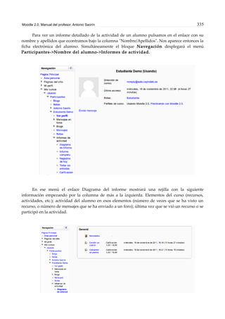 Moodle 2.0. Manual del profesor. Antonio Saorín 335
Para ver un informe detallado de la actividad de un alumno pulsamos en el enlace con su
nombre y apellidos que econtramos bajo la columna "Nombre/Apellidos". Nos aparece entonces la
ficha electrónica del alumno. Simultáneamente el bloque Navegación desplegará el menú
Participantes->Nombre del alumno->Informes de actividad.
En ese menú el enlace Diagrama del informe mostrará una rejilla con la siguiente
información empezando por la columna de más a la izquierda. Elementos del curso (recursos,
actividades, etc.); actividad del alumno en esos elementos (número de veces que se ha visto un
recurso, o número de mensajes que se ha enviado a un foro); última vez que se vió un recurso o se
participó en la actividad.
 