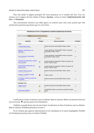Moodle 2.0. Manual del profesor. Antonio Saorín 361
Para ello desde la página principal del curso pulsamos en el nombre del foro. Una vez
estamos en la página del foro desde el bloque Ajustes, vamos al menú Administración del
foro -> Permisos.
Nos encontramos entonces una tabla igual a la anterior pero más corta, puesto que sólo
mostrará los permisos que tienen que ver con el foro.
Localizamos la línea Comenzar nuevos debates. Bajo la columna Roles con permiso hacemos
clic en el icono que hay junto al rol Estudiante.
También se puede hacer esto de otra forma. Localizamos la línea Comenzar nuevos debates.
Bajo la columna Prohibido pulsamos el icono
En la ventana que aparece seleccionamos el rol estudiante en el menú desplegable Prohibir
rol. Finalmente hacemos clic en el botón Prohibir.
 