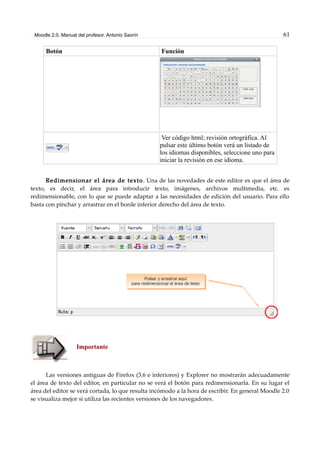 Moodle 2.0. Manual del profesor. Antonio Saorín 61
Botón Función
Ver código html; revisión ortográfica. Al
pulsar este último botón verá un listado de
los idiomas disponibles, seleccione uno para
iniciar la revisión en ese idioma.
Redimensionar el área de texto. Una de las novedades de este editor es que el área de
texto, es decir, el área para introducir texto, imágenes, archivos multimedia, etc. es
redimensionable, con lo que se puede adaptar a las necesidades de edición del usuario. Para ello
basta con pinchar y arrastrar en el borde inferior derecho del área de texto.
Importante
Las versiones antiguas de Firefox (3.6 e inferiores) y Explorer no mostrarán adecuadamente
el área de texto del editor, en particular no se verá el botón para redimensionarla. En su lugar el
área del editor se verá cortada, lo que resulta incómodo a la hora de escribir. En general Moodle 2.0
se visualiza mejor si utiliza las recientes versiones de los navegadores.
 