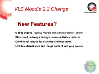 VLE Moodle 2.2 Change


  New Features?
•Mobile access - access Moodle from a mobile (smart) phone
•Structured pathways through course activities material
•Conditional release for activities and resources
•Link to external sites and merge content into your course
 