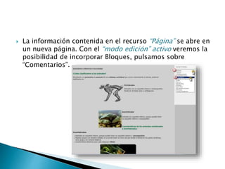  La información contenida en el recurso “Página” se abre en 
un nueva página. Con el “modo edición” activo veremos la 
posibilidad de incorporar Bloques, pulsamos sobre 
“Comentarios”. 
 