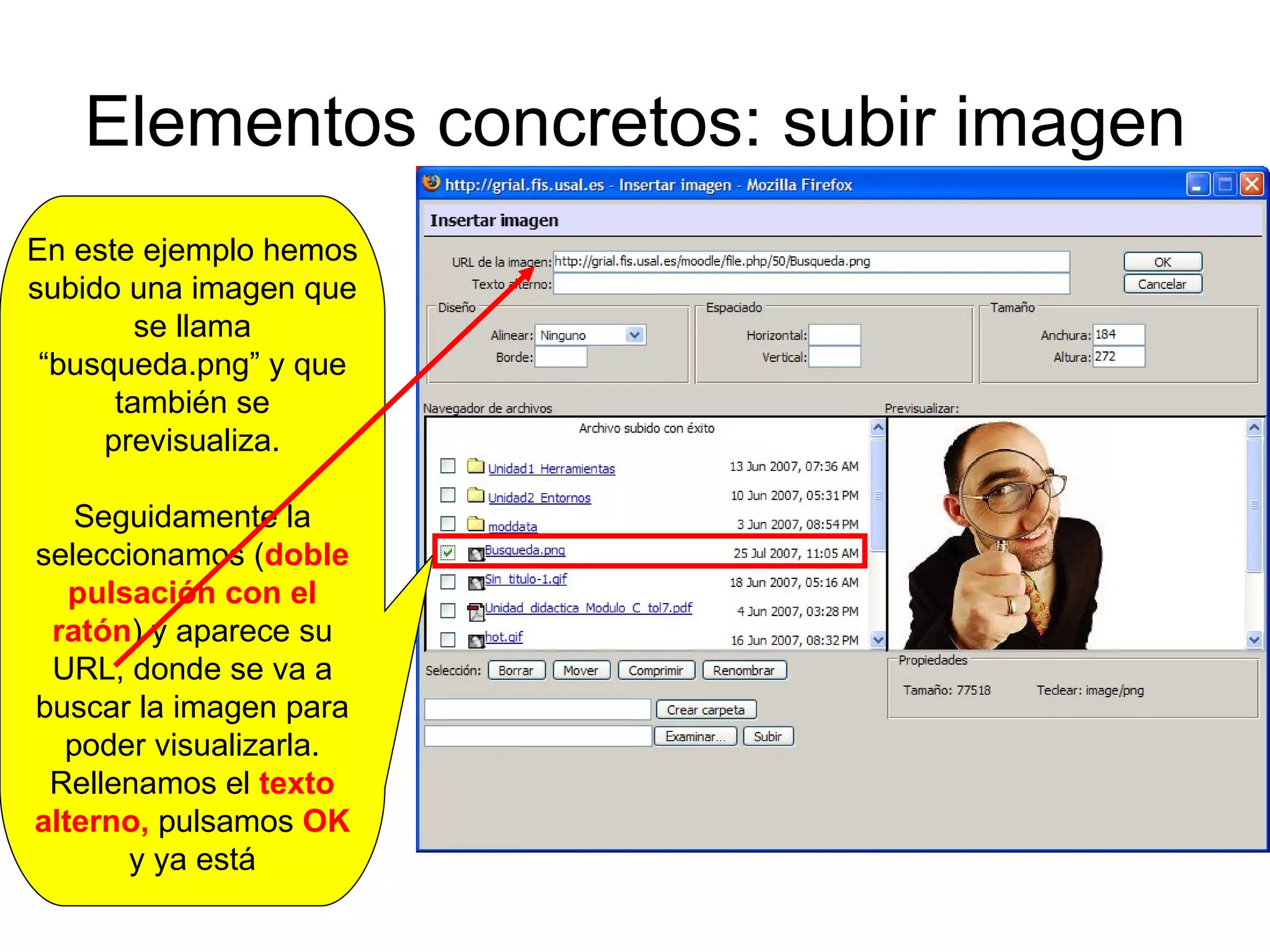 Elementos concretos: subir imagen En este ejemplo hemos subido una imagen que se llama “busqueda.png” y que también se previsualiza. Seguidamente la seleccionamos ( doble pulsación con el ratón ) y aparece su URL, donde se va a buscar la imagen para poder visualizarla. Rellenamos el  texto alterno,  pulsamos  OK  y ya está 