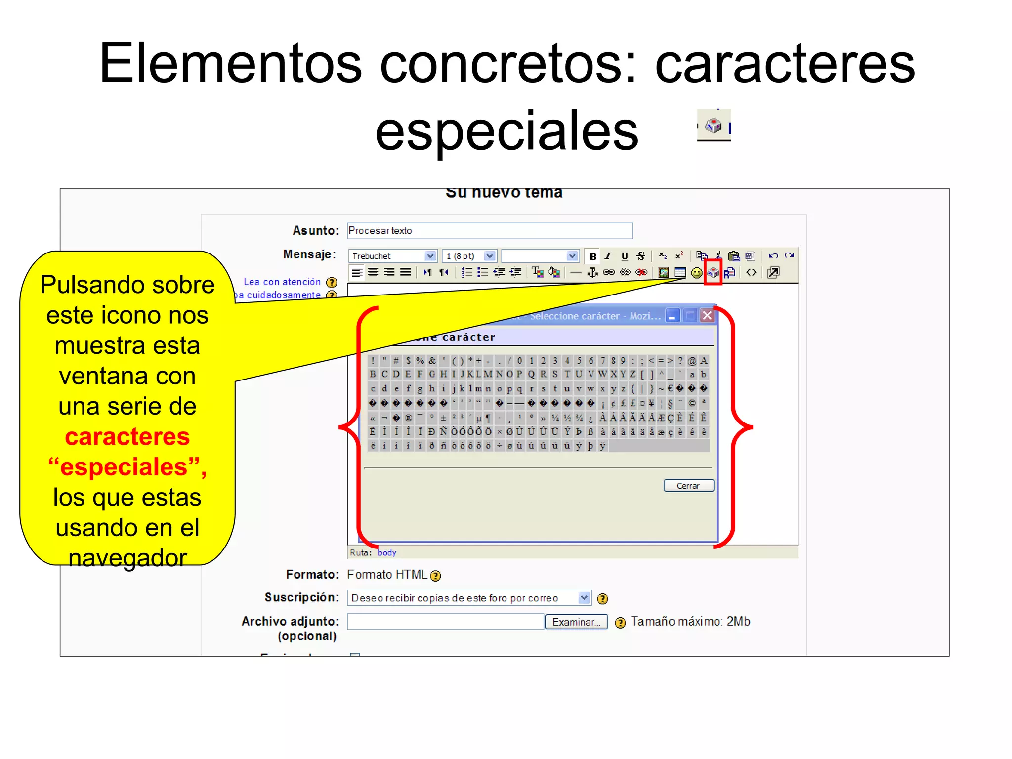 Elementos concretos: caracteres especiales Pulsando sobre este icono nos muestra esta ventana con una serie de  caracteres “especiales”,  los que estas usando en el navegador 