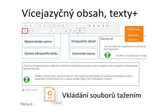 Vícejazyčný obsah, texty+
Vícejazyčný obsahMatematické vzorce
Úprava zdrojového kódu Chemické vzorce
Vkládání souborů tažením
 