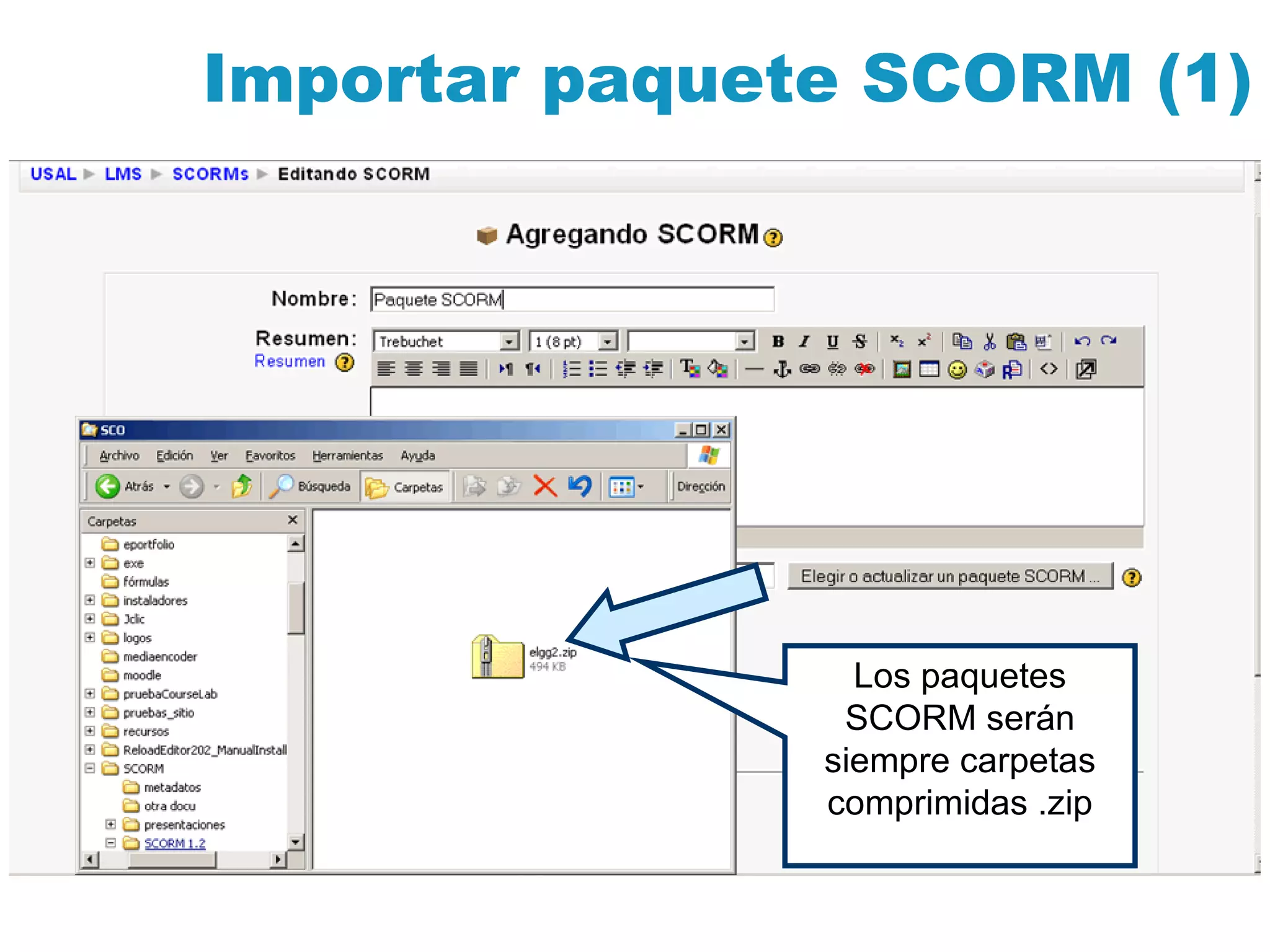Importar paquete SCORM (1) Los paquetes SCORM serán siempre carpetas comprimidas .zip 