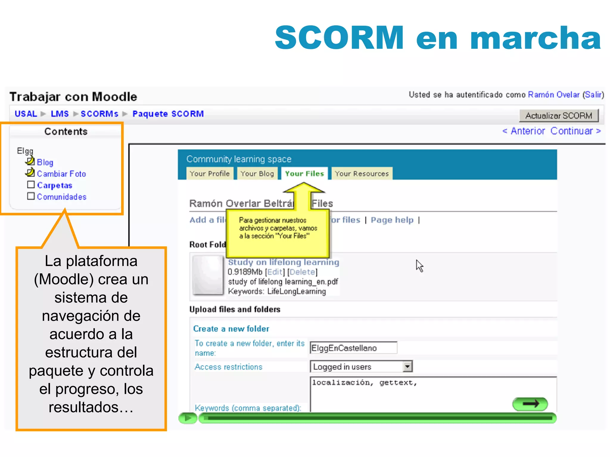SCORM en marcha La plataforma (Moodle) crea un sistema de navegación de acuerdo a la estructura del paquete y controla el progreso, los resultados… 