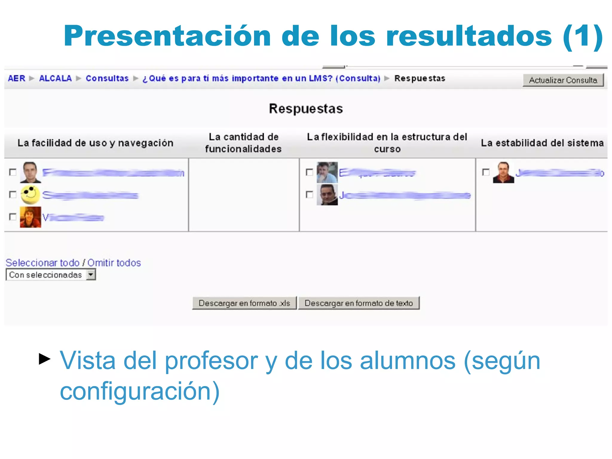 Presentación de los resultados (1) Vista del profesor y de los alumnos (según configuración) 