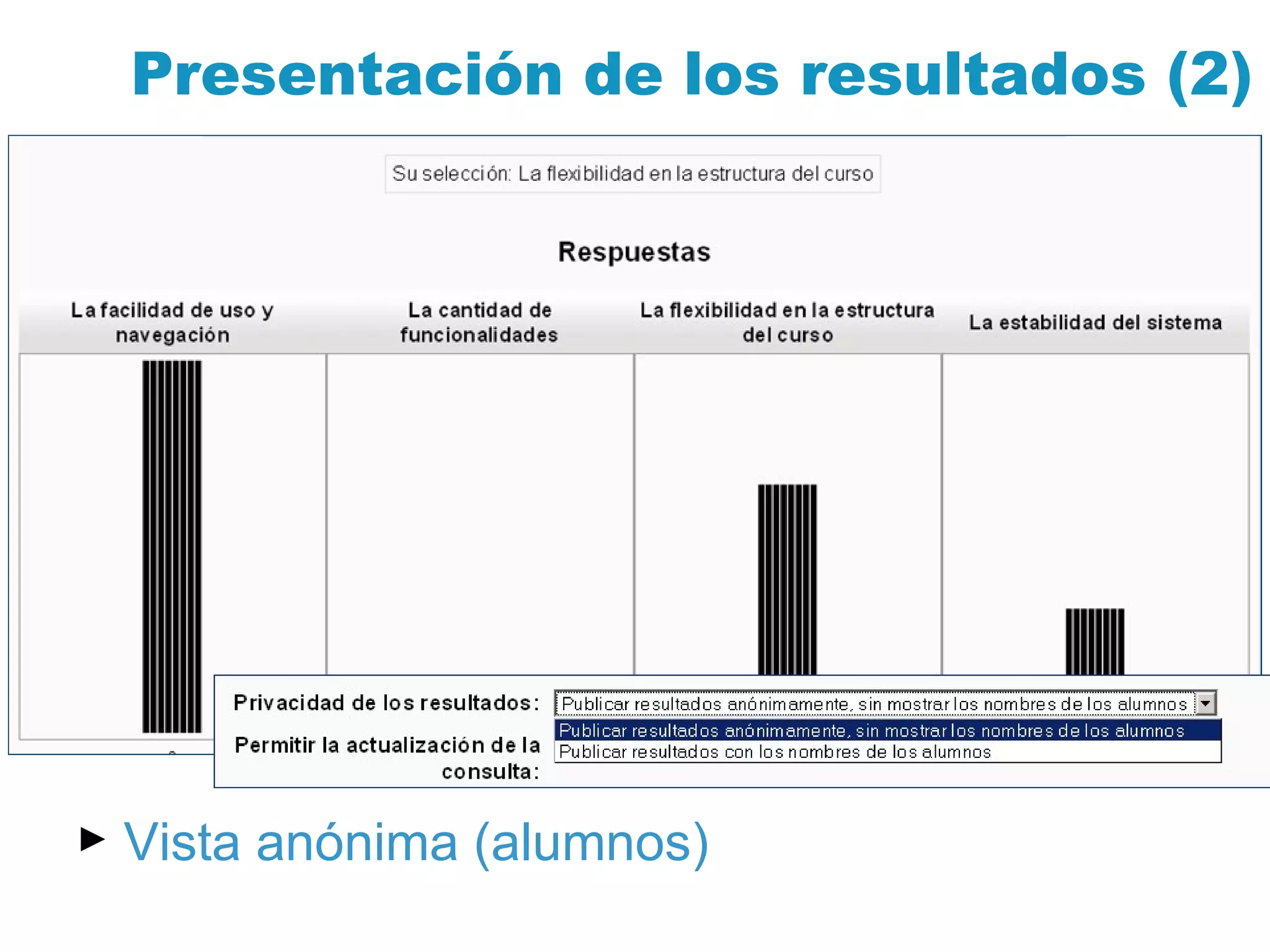 Presentación de los resultados (2) Vista anónima (alumnos) 
