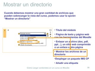 Mostrar un directorio Título del módulo Página de texto y página web con las herramientas del Moodle Enlazar un archivo (doc, pdf, ppt…), un sitio web comprimido o un enlace a otra página Mostrar los archivos de un directorio Desplegar un paquete IMS CP Añadir una etiqueta Cuando debemos mostrar una gran cantidad de archivos que pueden sobrecargar la vista del curso, podemos usar la opción “Mostrar un directorio” 