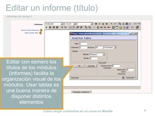 Cómo cargar contenidos en un curso en Moodle 4
Editar un informe (título)
Editar con esmero los
títulos de los módulos
(Informes) facilita la
organización visual de los
módulos. Usar tablas es
una buena manera de
disponer distintos
elementos
 