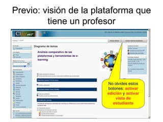 Previo: visión de la plataforma que tiene un profesor No olvides estos botones:  activar edición  y  activar vista de estudiante 