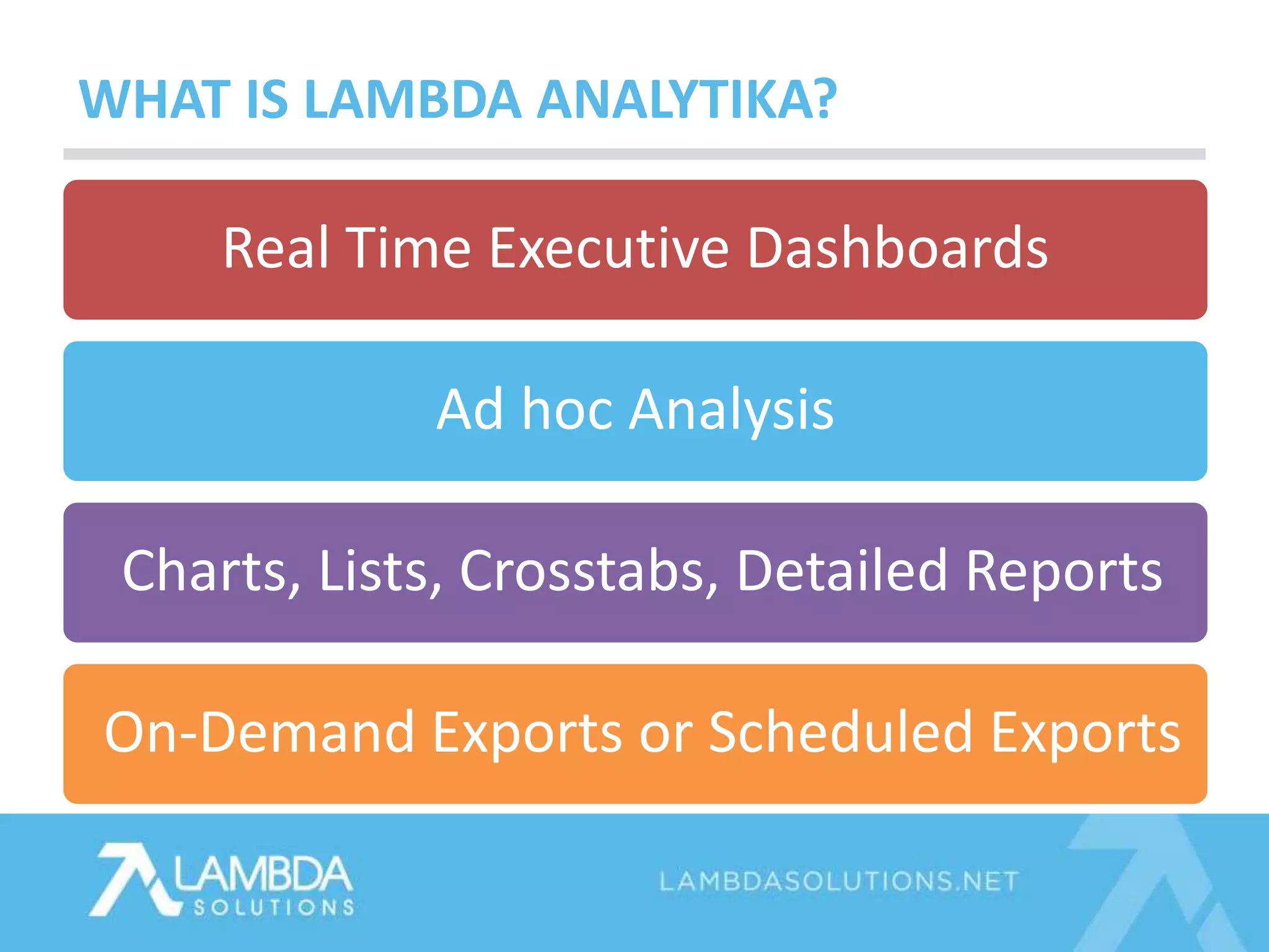 WHAT IS LAMBDA ANALYTIKA?
Real Time Executive Dashboards
Ad hoc Analysis
Charts, Lists, Crosstabs, Detailed Reports
On-Demand Exports or Scheduled Exports
 