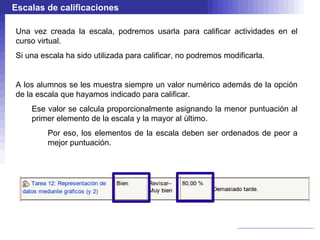 Escalas de calificaciones

Una vez creada la escala, podremos usarla para calificar actividades en el
curso virtual.
Si una escala ha sido utilizada para calificar, no podremos modificarla.


A los alumnos se les muestra siempre un valor numérico además de la opción
de la escala que hayamos indicado para calificar.
    Ese valor se calcula proporcionalmente asignando la menor puntuación al
    primer elemento de la escala y la mayor al último.
         Por eso, los elementos de la escala deben ser ordenados de peor a
         mejor puntuación.
 