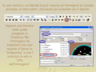 In una risorsa o un’attività si può inserire un’immagine se questa prevede un html editor ,cliccando sul pulsante con il dipinto. Appare una finestra nella quale scegliere in “Gestione file” l’immagine da trasferire che così appare a fianco in ”Anteprima” e con l’ indirizzo in alto in “URL dell’immagine”. 