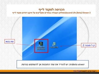 אורלי רביד  – יועצת ומרצה לתקשורת הכניסה לסקנד לייף  בשולחן העבודה בוחרים ומקליקים על איקון דפדפן סקנד לייף  Second Life [Beta] Viewer 2 לינק ל תוכנה 2. לינק לגרסת בטא טיפ :  יש להוריד את שתי התוכנות אך להשתמש בגרסת  beta viewer 