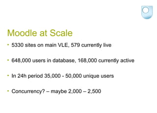 Moodle at Scale 5330 sites on main VLE, 579 currently live 648,000 users in database, 168,000 currently active In 24h period 35,000 - 50,000 unique users Concurrency? – maybe 2,000 – 2,500 